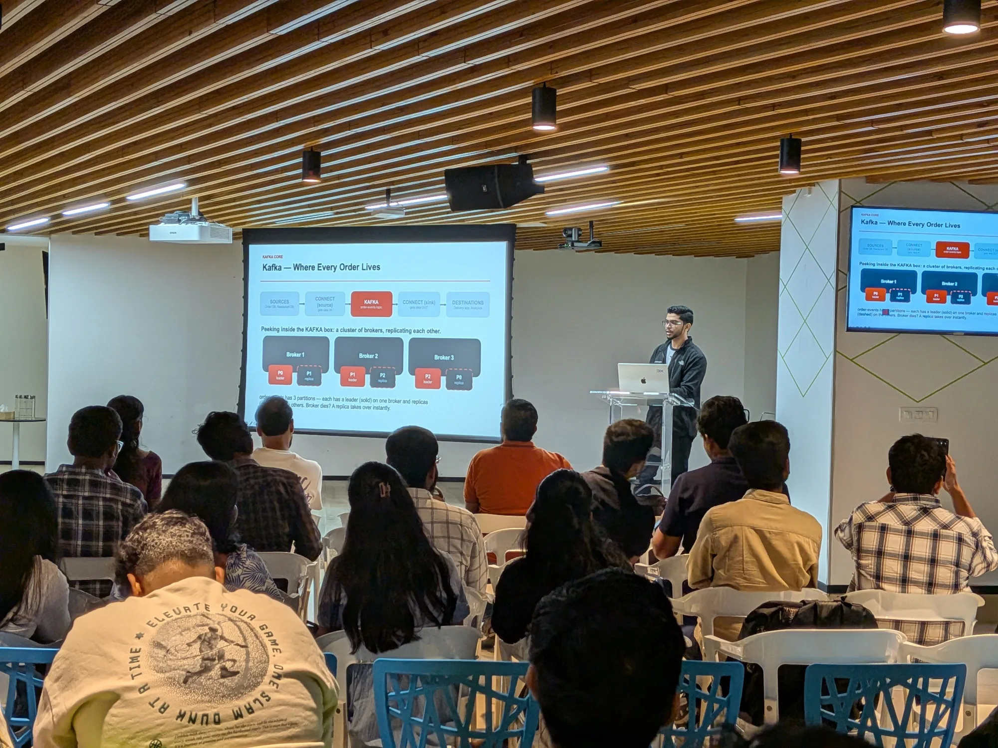 Ashfaq presenting a slide titled "Kafka: where every order lives", showing three brokers replicating partitions, to a seated audience